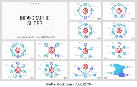 Bundle of minimalist infographic design layouts. Round elements with arrows placed around shooting target, goal achievement concept. Vector illustration for presentation, brochure, report, website.