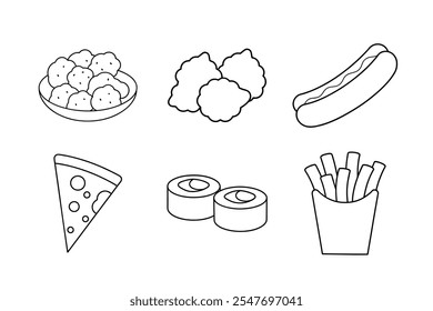 Pacote de linha de arte minimalista de itens de comida rápida para projetos criativos