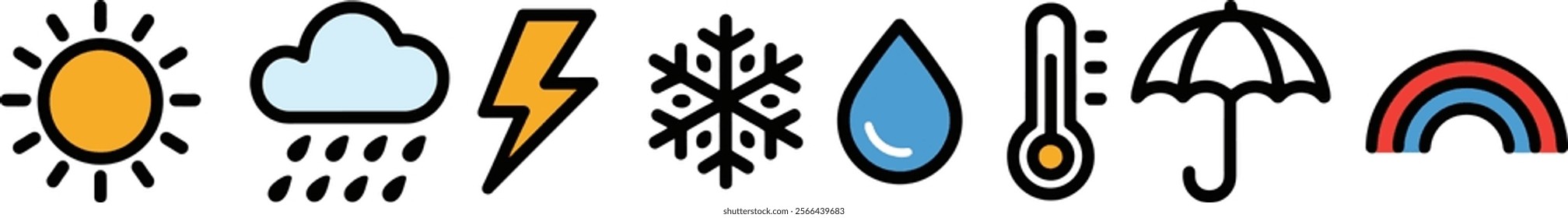 A bundle of  minimalist weather-related icons. There is a sun, raindrop, snowflake, lightning bolt, thermometer solid white background.