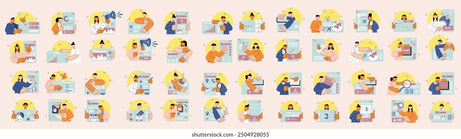 Bundle of minimalistic concepts with people scene in flat cartoon design. The big set of illustrations are done in bright colors and cover a variety of topics with big screens. Vector illustration.