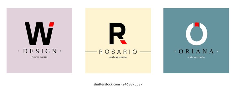 Bundle  Minimalistic Logos. Monogram of letters W, R, O. with Organic Plant Elements. Vector design. for beauty salon or art studio.