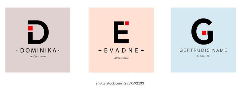 Bundle  Minimalistic Logos. Monogram of letters D, E, G. square. Vector design. for beauty salon or art studio.