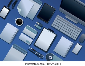 bundle of mockup branding elements pattern in blue background vector illustration design