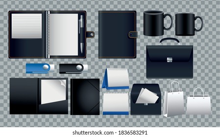 bundle of mockup set icons in checkered background vector illustration design