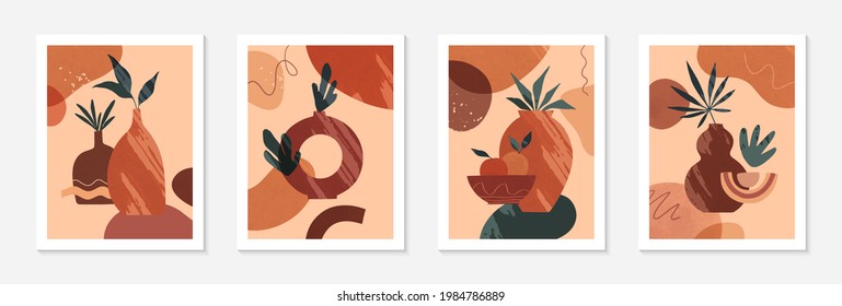 Bundle of modern abstract vector illustrations with vases,organic various shapes and leaves.Boho watercolor wall art decor.Trendy artistic designs perfect for banners;social media,covers,wallpaper.