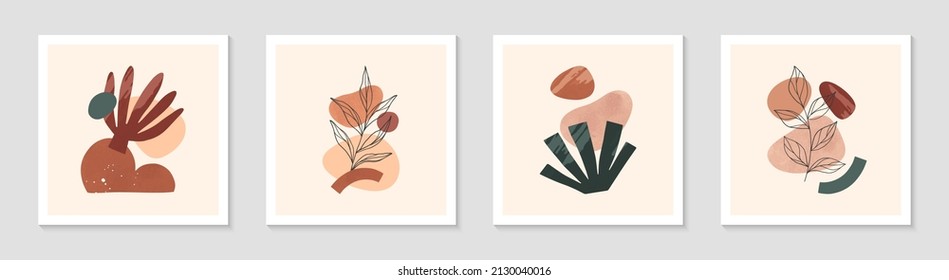 Bundle of modern abstract vector illustrations with organic various shapes and foliage line art.Boho watercolor wall art decor.Trendy artistic designs for banners;social media,invitations,covers.