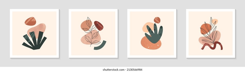 Bundle of modern abstract vector illustrations with organic various shapes and foliage line art.Boho watercolor wall art decor.Trendy artistic designs for banners;social media,invitations,covers.