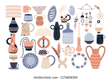 Bundle of modern ceramic household utensils and tools or pottery - cups, dishes, bowls, vases, jugs. Set of items for home decoration isolated on white background. Flat cartoon vector illustration.