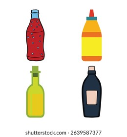 Bundle of modern cola, mustard, olive oil, and opaque black shampoo bottles. Clean packaging, isolated on white background. Ideal for advertising, branding, and product design concepts.