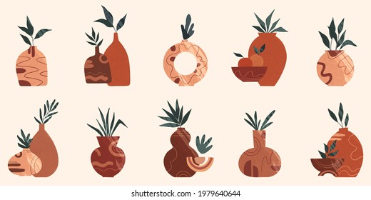 Bundle of modern ethnic vases with ornament and leaves.Boho watercolor decoration set.Trendy abstract designs.Vector illustrations.