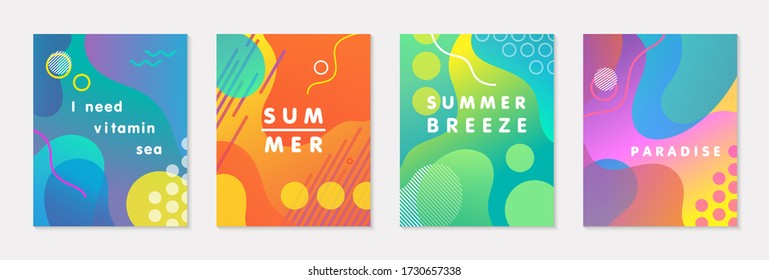 Conjunto de pósters modernos vectoriales de verano con fondo de gradiente brillante, formas y elementos geométricos.Diseño abstracto moderno perfecto para impresiones, medios sociales, banners, invitaciones, diseño de marca, portadas