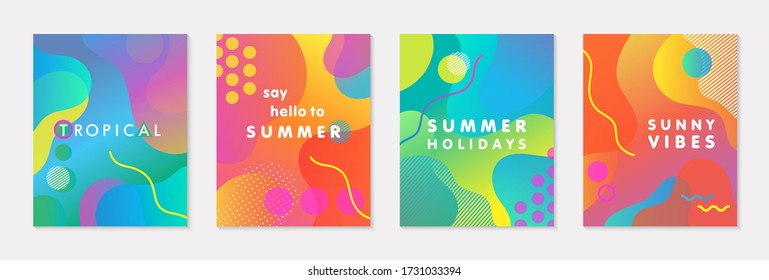 Bundle of modern vector summer posters with bright gradient background,shapes and geometric elements.Trendy abstract design perfect for prints,social media,banners,invitations,branding design,covers