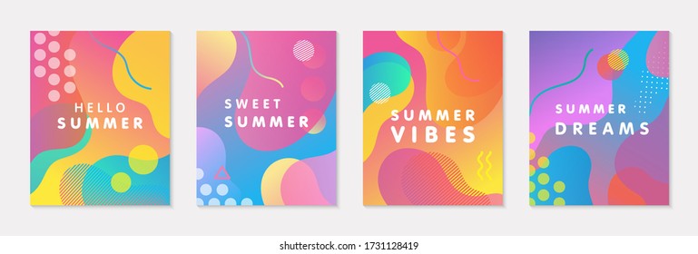 Bundle of modern vector summer posters with bright gradient background,shapes and geometric elements.Trendy abstract design perfect for prints,social media,banners,invitations,branding design,covers