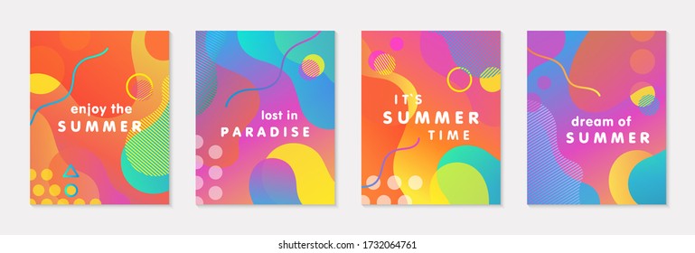 Bundle of modern vector summer posters with bright gradient background,shapes and geometric elements.Trendy abstract design perfect for prints,social media,banners,invitations,branding design,covers