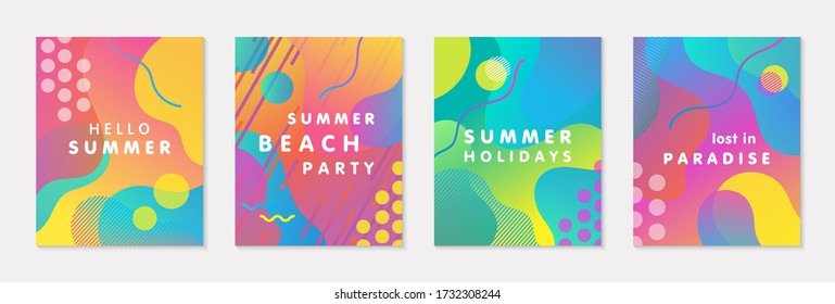 Conjunto de pósters modernos vectoriales de verano con fondo de gradiente brillante, formas y elementos geométricos.Diseño abstracto moderno perfecto para impresiones, medios sociales, banners, invitaciones, diseño de marca, portadas