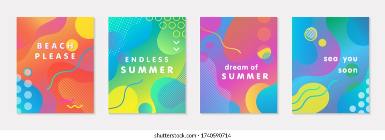 Bundle of modern vector summer posters with bright gradient background,shapes and geometric elements.Trendy abstract design perfect for prints,social media,banners,invitations,branding design,covers