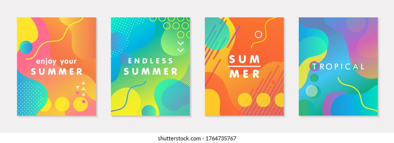 Bundle of modern vector summer posters with bright gradient background,shapes and geometric elements.Trendy abstract design perfect for prints,social media,banners,invitations,branding design,covers