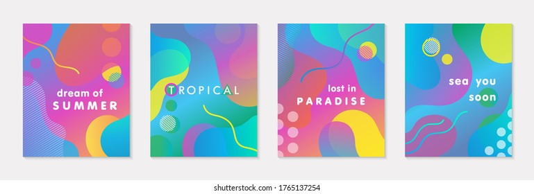 Bundle of modern vector summer posters with bright gradient background,shapes and geometric elements.Trendy abstract design perfect for prints,social media,banners,invitations,branding design,covers