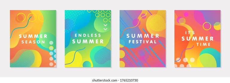 Conjunto de pósters modernos vectoriales de verano con fondo de gradiente brillante, formas y elementos geométricos.Diseño abstracto moderno perfecto para impresiones, medios sociales, banners, invitaciones, diseño de marca, portadas