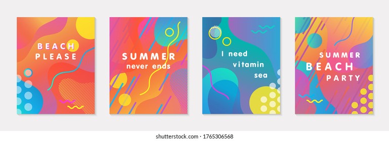 Bundle of modern vector summer posters with bright gradient background,shapes and geometric elements.Trendy abstract design perfect for prints,social media,banners,invitations,branding design,covers