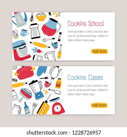Bundle of modern web banner templates with kitchen utensils, tools and place for text. Colorful vector illustration in flat style for cooking school, classes or lessons advertisement, promotion.