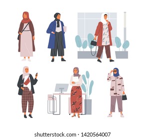 Bundle of modern young Muslim women wearing trendy clothes and hijab. Set of fashionable Arab girls. Collection of female characters isolated on white background. Flat cartoon vector illustration.