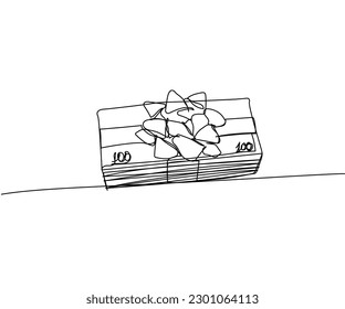 Conjunto de dinero con arco, regalo, efectivo, billetes, dólares, hryvnia, euro, arte de una línea. Dibujo continuo de línea de banco, dinero, finanzas, finanzas, pagos, datos, ahorros, económicos, riqueza, crédito