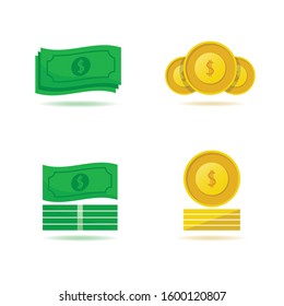 A bundle of money and coins in a flat style on a white background, dollars in a big bundle, a money sign.