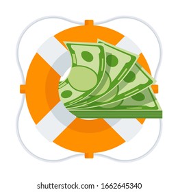 Montón de dinero en la vida. Dólares en boya de anillo. Rescate de dinero. póliza de seguros. Presupuesto para imprevistos. Seguridad garantizada de los depósitos e inversiones bancarios. Diseño plano, ilustración vectorial.