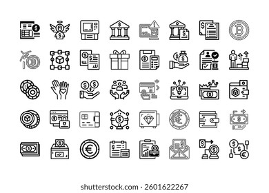 A Bundle of Money related  icons set with various symbols and elements in a doodle style
