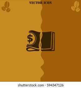 Bundle of money with a rubber band vector  icon. Coffee symbol background.