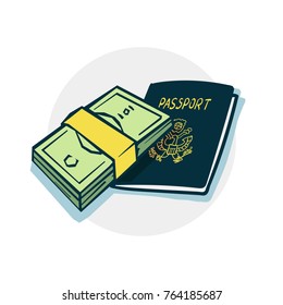 Bundle of money and an Russian passport icon. Vector illustration of a funny cartoon style