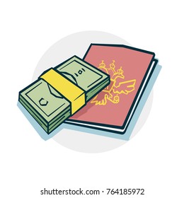 Bundle of money and an Russian passport icon. Vector illustration of a funny cartoon style