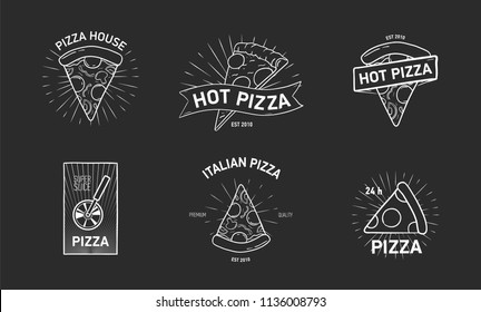 Bundle of monochrome logotypes with pizza slices and wheel cutter hand drawn in elegant vintage style. Vector illustration for label or logo of Italian cuisine restaurant, food delivery service.