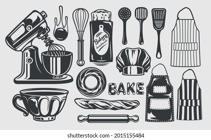Bundle monochrome vector illustrations on the craft bakery theme on white background. 