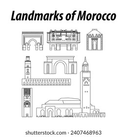 Bundle of morocco famous landmarks by silhouette outline style,vector illustration