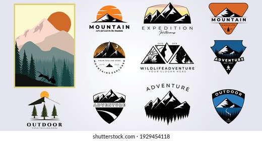 bundle mountain adventure outdoor logo vector set illustration design collection , camping, wild, life, style, hobby, sport