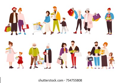 Bundle of mountaineering and touristic equipment, tools for mountain climbing, clothing, male and female mountaineers or climbers isolated on white background. Colorful cartoon vector illustration.