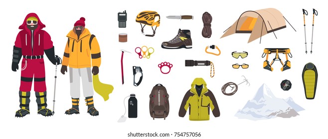 Bundle Of Mountaineering And Touristic Equipment, Tools For Mountain Climbing, Clothing, Male And Female Mountaineers Or Climbers Isolated On White Background. Colorful Cartoon Vector Illustration.