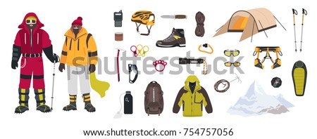 Bundle of mountaineering and touristic equipment, tools for mountain climbing, clothing, male and female mountaineers or climbers isolated on white background. Colorful cartoon vector illustration.