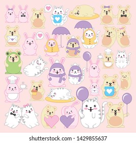 bundle of mouse with cats and rabbits kawaii characters vector illustration design