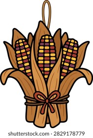 A bundle of multi colored Indian corn with dried husks and a red bow represents harvest traditions in this vector illustration ideal for Thanksgiving seasonal marketing.