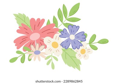 Bundle of Multicolored Flats of Wildflowers and Leaves on twigs. Vector isolated Bouquet of cartoon daisies and cornflowers.