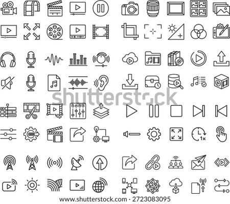 Bundle of multimedia icons for audio video editing settings control process. Collection of modern thin line style symbols and pictograms. Simple outline design.