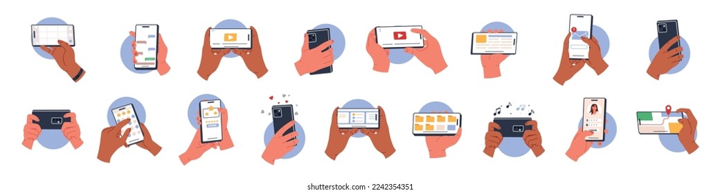 Bundle of multiracial hands holding mobile. People with phone in hands concept. White smartphone screen. Flat vector illustration isolated on white background