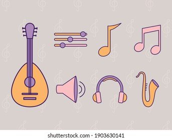 bundle of music icons on a purple background vector illustration design