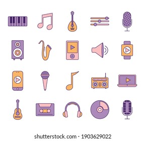 Bundle von Musik-Symbolen auf weißem Hintergrund, Vektorgrafik-Design