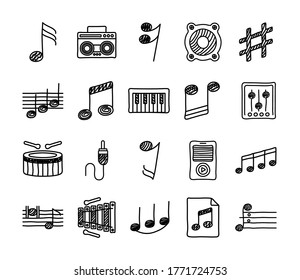 Paket von Musikset-Symbolen Vektorgrafik-Design