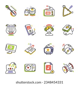 Bundle of Musical Equipment Doodle flat  Icons 

