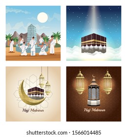 bundle of muslims persons in hajj mabrur travel scenes vector illustration design